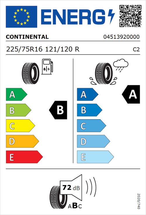Tyre Label for Continental ContiVanContact 200 225/75R16 121/120R