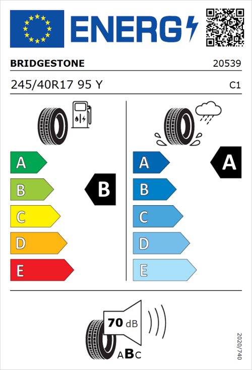 Tyre Label for Bridgestone Turanza 6 245/40R17 95Y