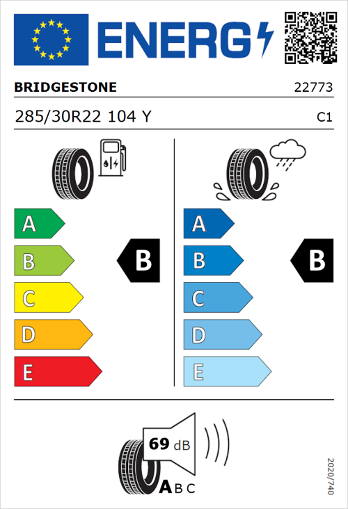 Tyre Label for Bridgestone Turanza 6 285/30R22 104Y