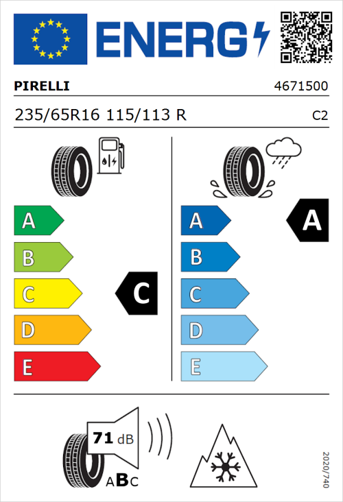 Tyre Label for Pirelli Carrier 235/65R16 115/113R