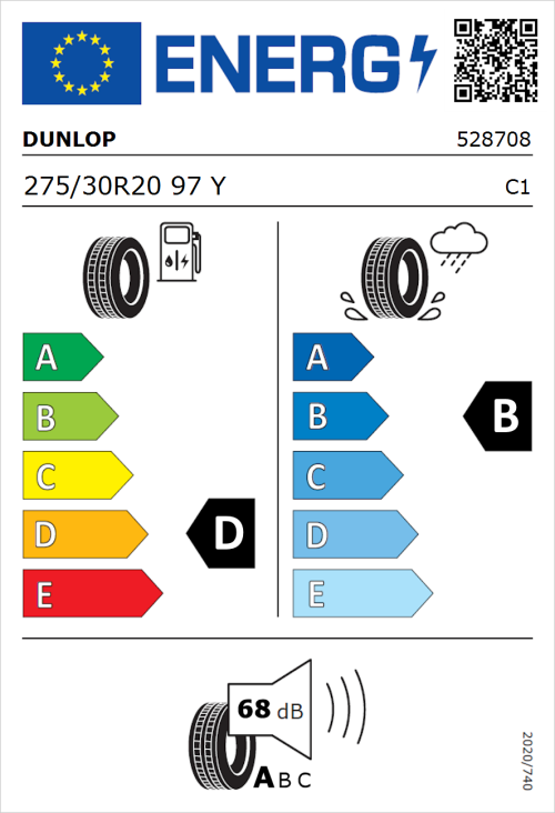 Tyre Label for Dunlop SP SPORTMAXX GT 275/30R20 97Y